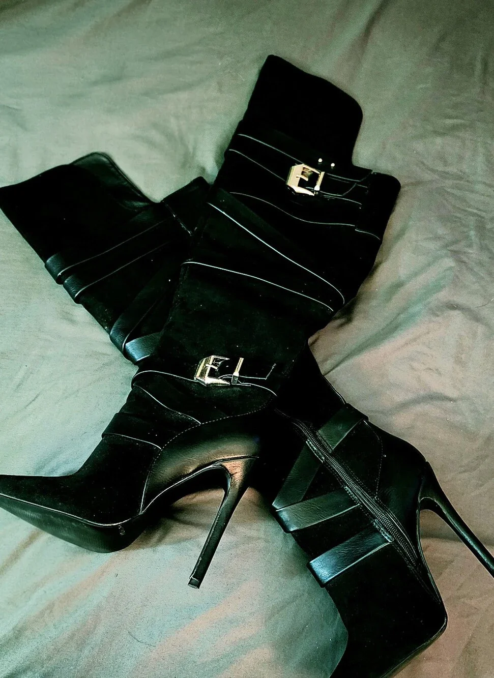 Shoe Dazzle Black Geraldines  Over-the-Knee Stiletto Boots with Strap Detail